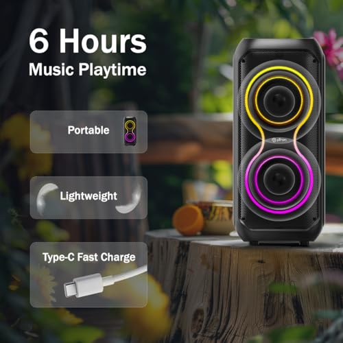 Image of pTron Fusion ONE 48W Bluetooth Party Speaker w /Pristine Stereo Sound, Dual 4 inch Neo Drivers, Rhythmic RGB Lights, 6Hrs Playtime, BT5.3 /Aux /TF Card /USB Playback Modes, Type-C Charging (Jet Black)