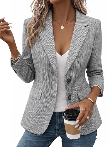 Mina Self Herringbone Blazer Women 2025 Fall Tweed Blazers Grey