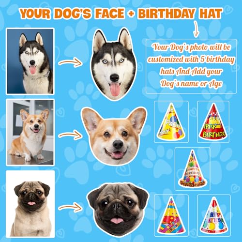 Image of Custom Dog Face Temporary Tattoos, Set of 20 | Personalized Pre-Cut Photo, Birthday Hat & Dog Name or Text, Funny Party Favors, Dog Lovers Gifts
