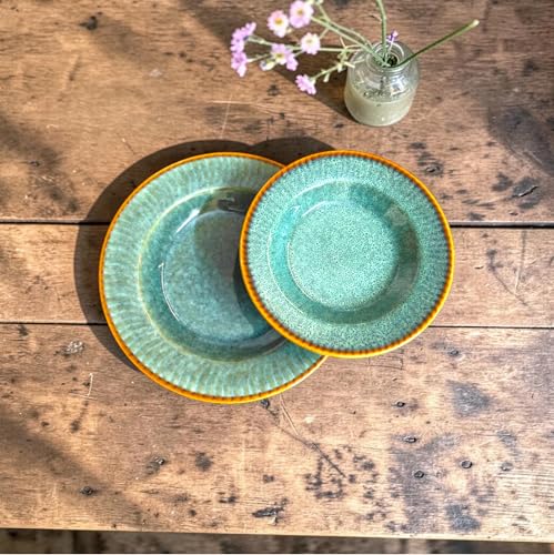 Image of Premium Pasta Plates, Ceramic Plates for Pasta, Round & Deep Dish, Microwave & Dishwasher Safe, Handmade Stoneware, Ocean Blue, Set of 2, 1 Large (9.5 Inch) & 1 Small (7.5 Inch)