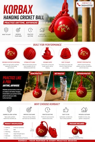 Image of Korbax Synethetic Hanging Practice Cricket Ball | Cricket Hanging Ball for Practice | Easy to Hang & Ideal for Indoor and Outdoor Batting and Heavy Training | Swing Ball for Adults Red,(Pack of 1)