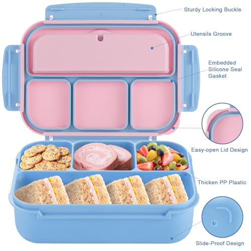Image of shell and turtle Bento Box Adult Lunch Box, Lunch Containers for Kids Girls Boys with 4 Compartments, Lunchable Food Container with Utensils, Sauce Jar, Muffin Liners, 40 Oz /5 Cup, Blue Pink