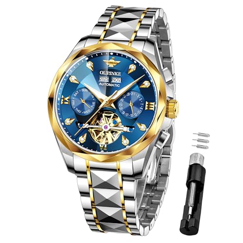 Image of OUPINKE Men's Watches Automatic Self-Winding Luxury Diamond Mirror Skeleton Mechanical Watch Date Dress Business Tungsten Steel Waterproof Luminous Wrist Watches for Men