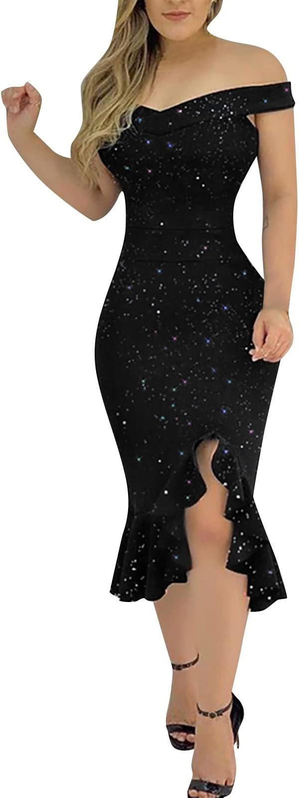 GenericCocktail Dresses 2023 Elegant Off Shoulder Short Sleeve Wedding Sequin Wrap Bodycon Ruffle Sexy Sun Summe Dresses