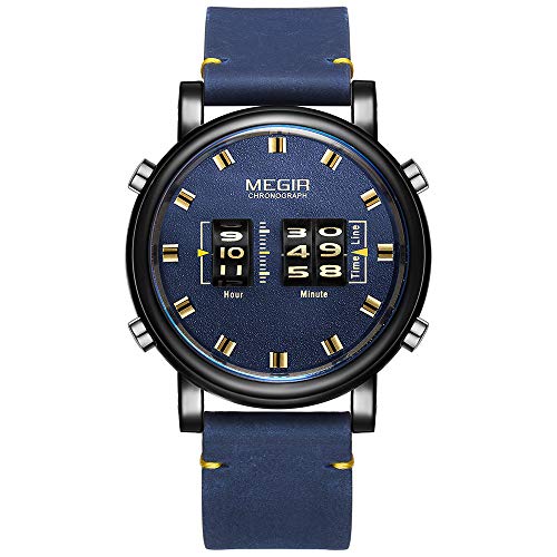 MEGIR Stylish Roller Watches Men Military Sports Quartz Watch Blue Leather Strap Waterproof Wristwatch Man