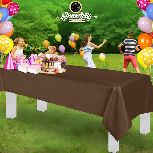 Image of Grandipity Plastic Table Cloth Disposable 12 Pack 54 inch x 108 inch Rectangle | Brown Plastic table covers, durable disposable tablecloths, fade and tear-resistent table cover for party, event
