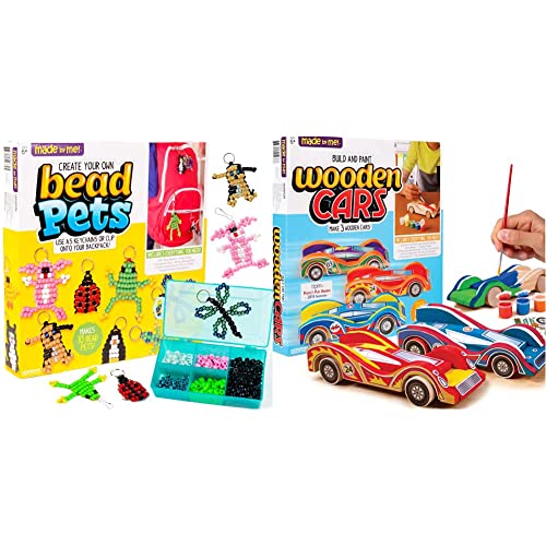 Made By Me Create Your Own Bead Pets by Horizon Group USA & Paint Your Own Wooden Cars - DIY Wood Craft Kit, Easy to Assemble and Paint 3 Race Cars