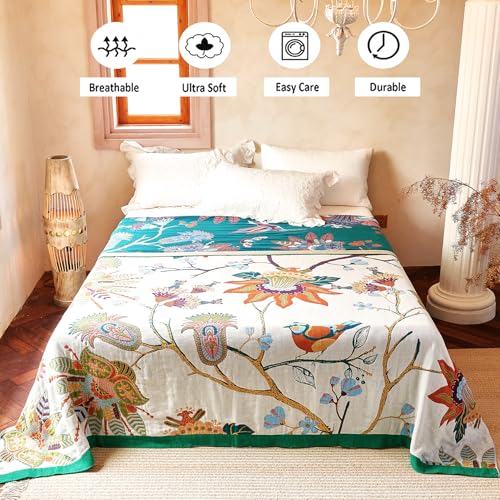 Boho Throw Blanket, 100% Organic Cotton Breathable Skin-Friendly Ultra Soft Bed Quilt Throw - All Season Floral Bird Farmhouse Décor Luxury Blanket for Sofa Couch Chair and Gift. 60" x 80"