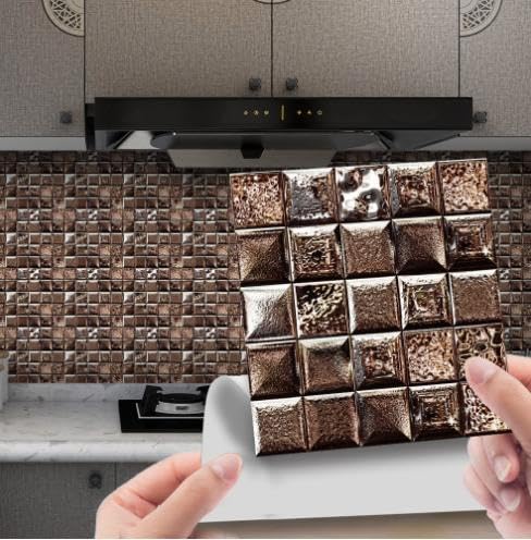 Ledeak 30Pcs Mosaic Tile Stickers, 10x10cm Self Adhesive Wall Tiles, Waterproof Oilproof Stick on Vinyl Tiles, Peel and Stick Backsplash Tiles, Transfers Stickers for Bathroom Kitchen (Brown)