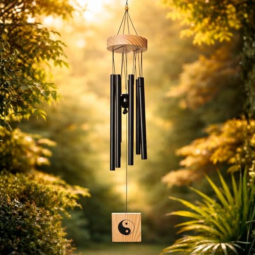 Plus Value Wind Chimes for Balcony – 7 Pipe Black Matte Aluminium with Wooden Top | Soothing Sound for Home Positive Energy, Living Room, Bedroom & Outside | Big Size Home Decor
