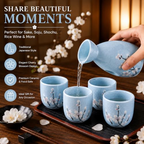 Image of Melbify Japanese Ceramic Sake Serving Set | 1 Pot + 4 Cups| Pot(180 ml) & Cup(45 ml)| Tokkuri Carafe & Cups | Sake Glasses for Drinking | House Warming Gift Set | Anniversary | Couple