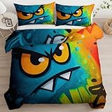 Graffiti Cartoon Monster Abstrakt Streetart Bettbezug Set, Gebürstete Mikrofaser Bunt Bettwäsche für Kinder Jungen Mädchen   Wende Bettdeckenbezug 180 x 200 cm mit 2 Kissenbezügen