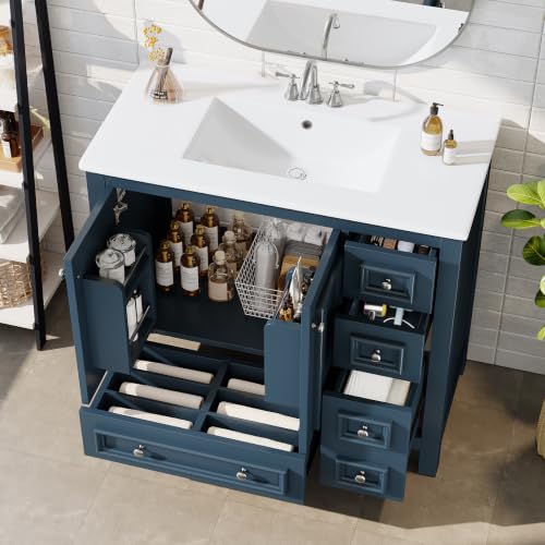 Image of Tribesigns 30 inch Bathroom Vanity with Sink, Freestanding Bathroom Vanities Cabinet with Ceramic Basin Combo, Bathroom Sink Cabinet with 2 Doors and 1 Drawer, Solid Wooden Frame (Misty Blue, 36 INCH)