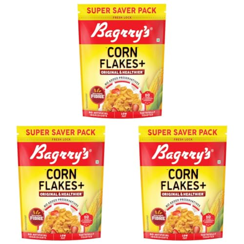Image of Bagrry's Corn Flakes+ Original & Healthier 1kg | With Added Fibre | Prebiotic Breakfast Cereal | Golden Corn | Low Fat | Toasted & Crunchy Corn Flakes | No Added Preservatives (Pack of 3)