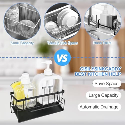 Image of Metal Sink Organizer & Draining Rack - Durable Kitchen Countertop Organizer for Sponges, Brushes, and Soap - Compact Stainless Steel Sink Caddy with Quick Draining Design