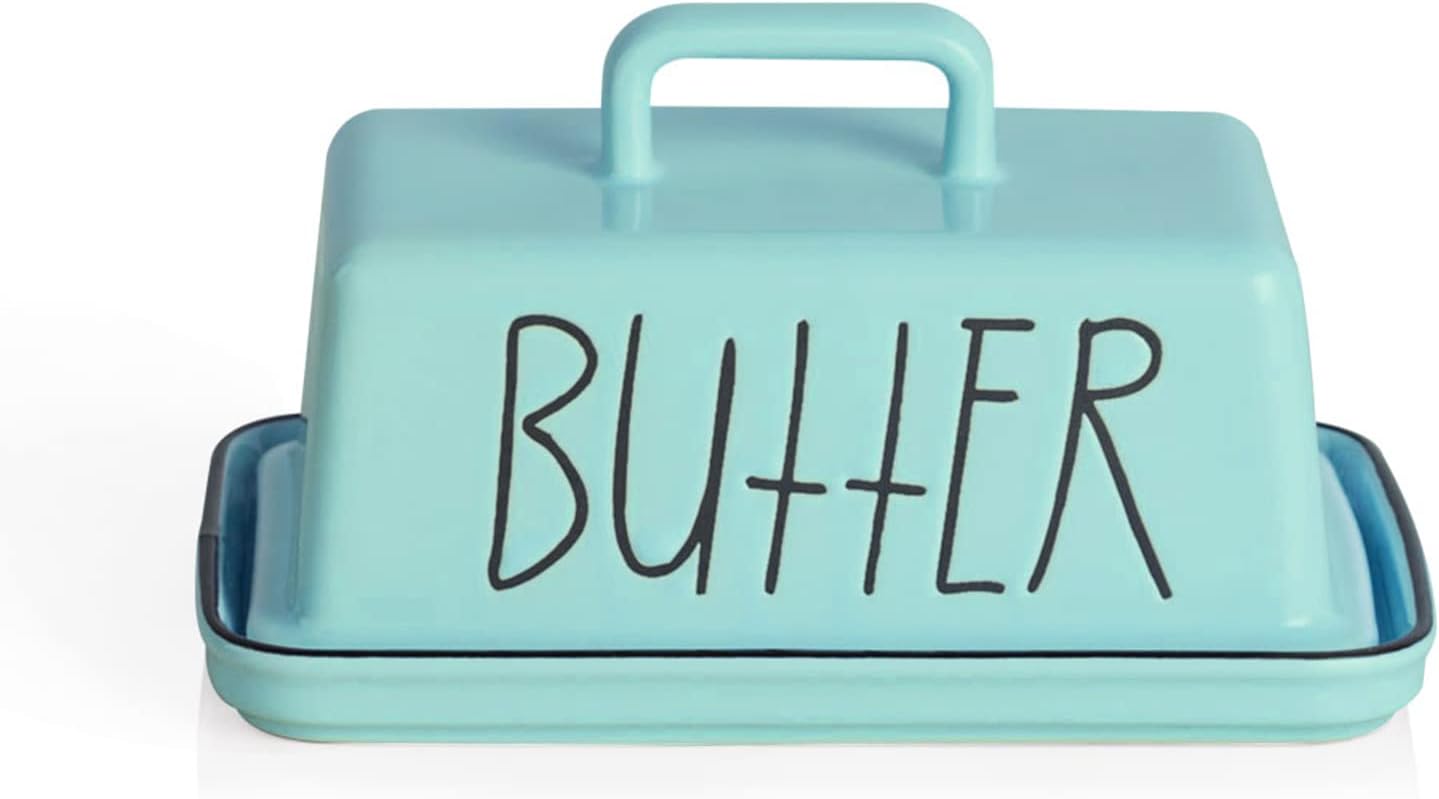 Sweejar HomeCeramic Butter Dish with Handle Lid, 18 cm Porcelain Large Butter Keeper with Cover, Perfect for East/West Butter (Turquoise)