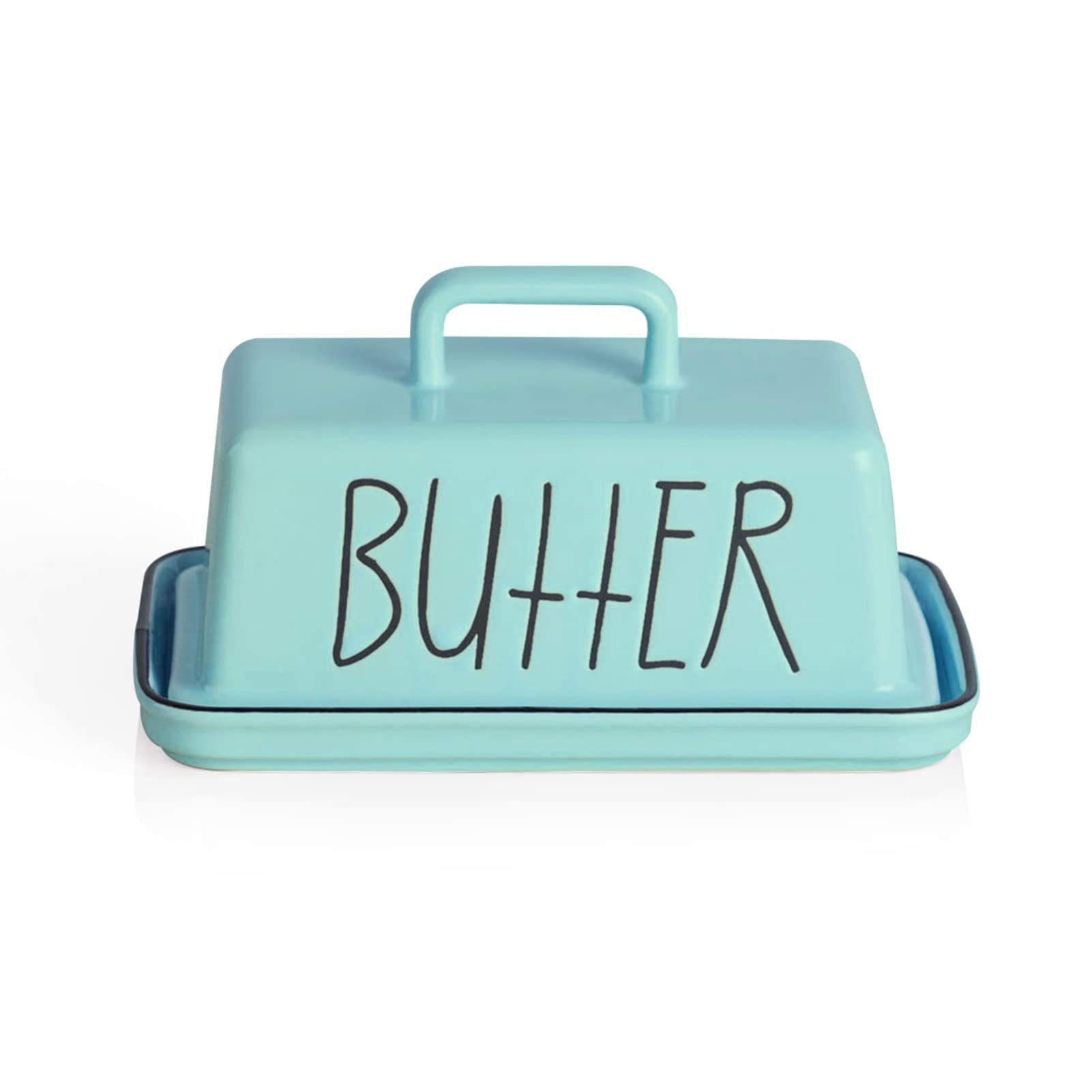 Sweejar HomeCeramic Butter Dish with Handle Lid, 18 cm Porcelain Large Butter Keeper with Cover, Perfect for East/West Butter (Turquoise)