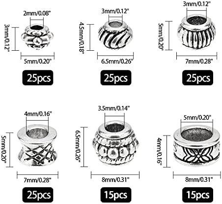 PandaHall Elite 130pcs Tibetan Alloy Spacer Beads Rondelle Column Beads with Large Hole for Bracelet Necklace Jewellery Making Jewelry Findings Accessories, 6 Styles, Antique Silver