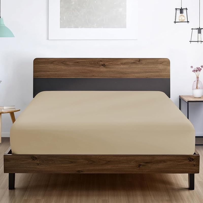 Image of Amazon Brand - Umi Cotton Feel Glace Cotton Fade Resistant Elastic Fitted Double Bed Bedsheet with 2 Pillow Covers Fits Upto 8 inches Mattress, Size- 72x72x10 Inches, Beige