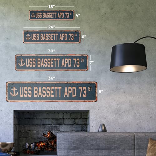 USS Bassett APD 73 Vintage Aluminum Street Sign us Navy Ship Veteran Sailor Rustic Metal tin Gift | Indoor/Outdoor | 18" Wide2