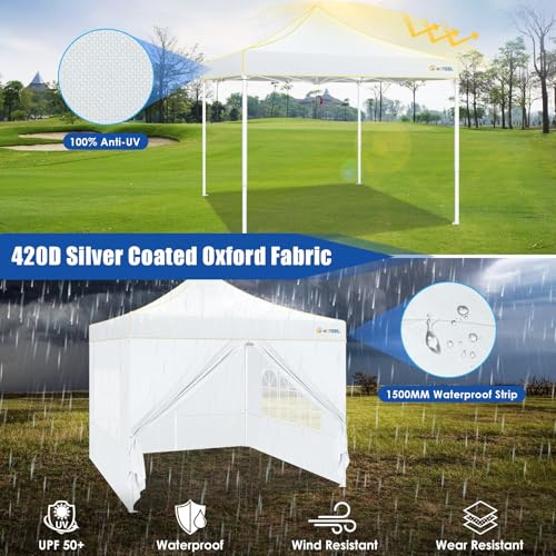 Image of HOTEEL Canopy Tent 10x10 Heavy Duty Pop Up Canopy with Sidewalls, Commercial Instant Waterproof Canopy Tent for Vender Patio, UV 50+ with Silver Coated, Upgraded Thickened Hexagonal Legs, White