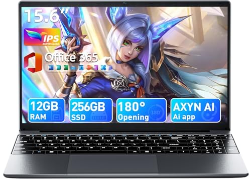 ZAQTG 15.6 Inch Office 365 Laptop 12GB RAM 256GB SSD 180° Angle(Gray)