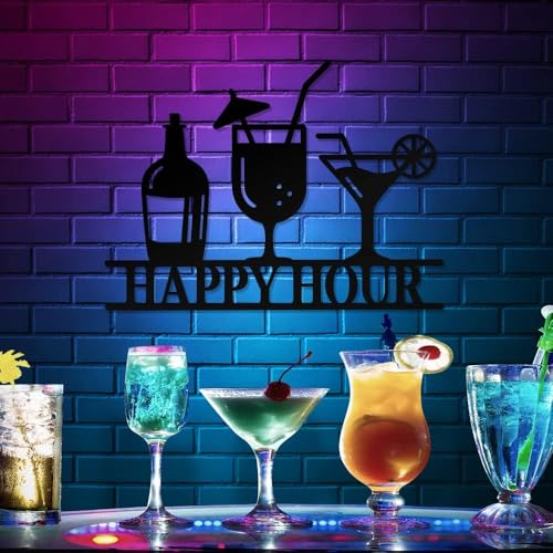 Image of BLIND SHOP Happy Hour Metal Bar Sign Vintage for Home Decor | Wall Sculpture Home Decoration | Wall Decor | Metal Wall Art | Home Wall Hangings Metal Decor (37X28X1.5 CM)