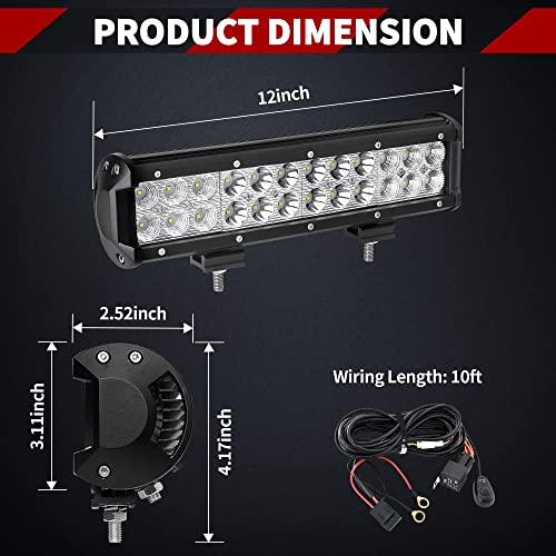Yitamotor Led Light Bar Wiring Harness 72W 12Inch Led Light Pod Spot Flood Combo Work Light Offroad Light Driving Light Led Fog Light Boat Light Compatible For Truck Pickup Suv Atv Utv,2 Year Warranty #TOP1