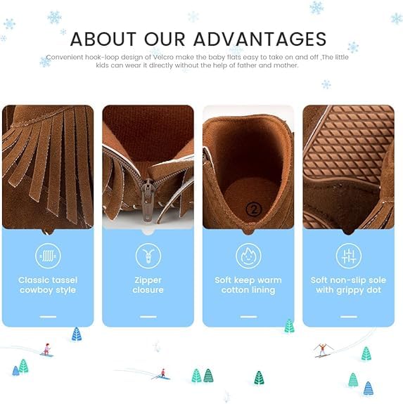 Image of Meckior Baby Girls Cowboy Tassel Boots Side Zipper Moccasins Soft Bottom Non-Slip Toddler Shoe