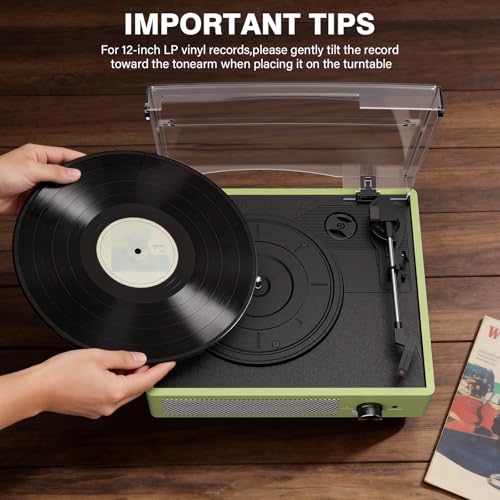 Image of Vinyl Record Player with 2 Stereo Speakers Belt-Driven Vintage Turntables 3 Speed 3 Size Wireless Bluetooth Playback AUX-in RCA Out Headphone LP Vinyl Players Auto Stop Light Green