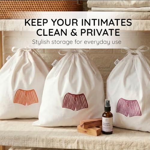 Image of Lingerie Drawstring Bags Set of 3, 15x15 inch, 100% Pure Cotton, Red Embroidery Pattern Pouch for Underwear, Swimwear, Travel Storage, Washable Beach Bags for Men (White)