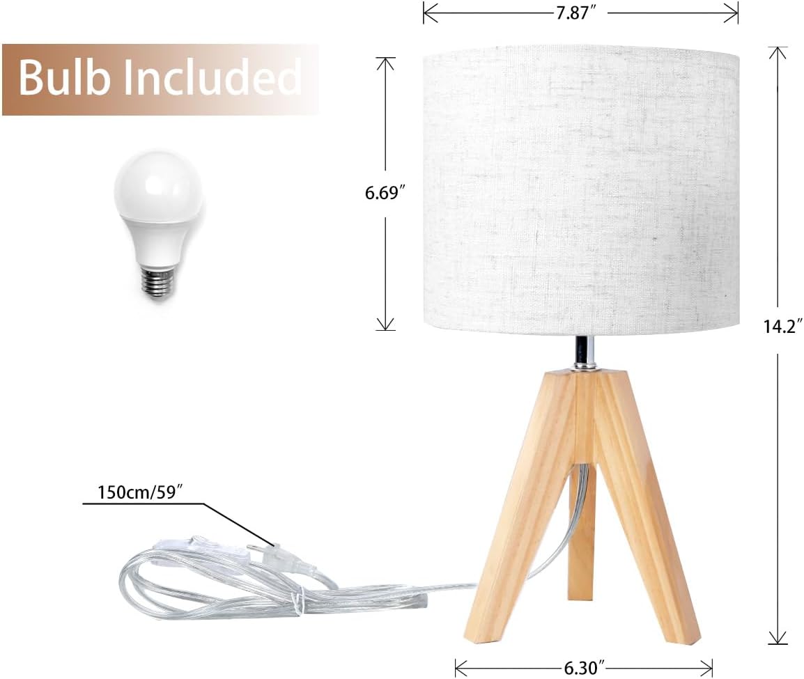 Tripod Table Lamp, Small Bedside Night Stand Lamp with 3 Colors, Decorative Lamp for Bedroom, Nursery, Living Room (Bulb Included) (Natural Wood)