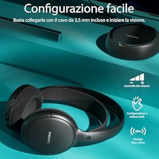 Philips SHC5200M2 Cuffie TV wireless con 30H di riproduzione, Portata 30m, Connessione 2.4G digitale, Vestibilità comoda over-ear, Batteria sostituibile, Audio chiaro dei dialoghi – Nero
