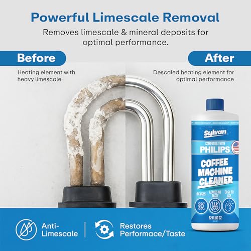 Descaling Solution Compatible with Philips Saeco | Free Cleaning Cloth | 12 Month Supply | Made in the USA | Descaler for Philips Machines | 32 Oz | Coffee Machine Cleaner and Decalcifier
