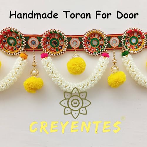 Image of Traditional Handmade Toran for Door, Thoranam Jasmin Flower, Mirror Work, Diwali Toran, Decoration for Festival, Embroidery Work (Round Ring Jasmin Toran)