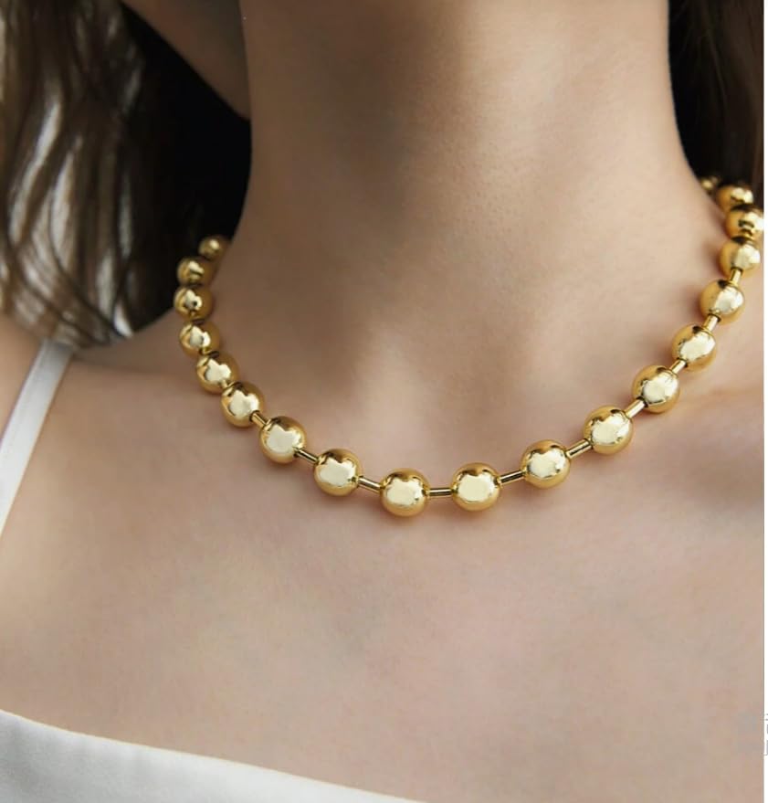 JNF Chunky Big Beaded Necklace for Women Puffy Heart Choker Necklace Large 14k Gold Plated Ball Chain Necklaces Beads Statement Jewelry Gift - Image 6