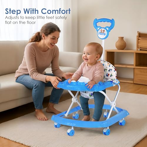 Image of BabyGo Tintin Baby Walker for 6-24 Months, Baby Walker with Push Handle & Activity Tray - Foldable Adjustable Height Infant Walker with Wheels, Music,Toy Bar and Comfotable seat (Blue)