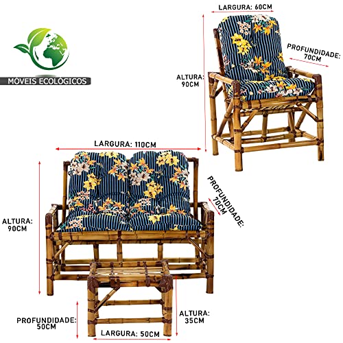 Conjunto De Vime Com Poltrona 4 Lugares E Cadeiras De Bambu Com Almofadas para área e Varanda