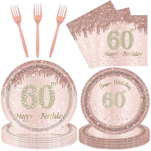 Rose Gold 60th Birthday Tableware Set for Women - 96 Pcs Disposable Party Supplies Includes Dinner Plates, Napkins & Forks, 60 Year Old Birthday Decorations (Serves 24 Guests)