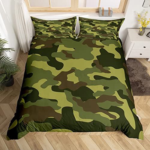 Manfei Green Camo Duvet Cover Set Single Size, Army Camouflage Comforter Cover with 1 Pillowcase, Abstract Camo Theme Bedding Set 2pcs for Kids Boys Teens Bedroom Decor, Lightweight Bedspread Cover