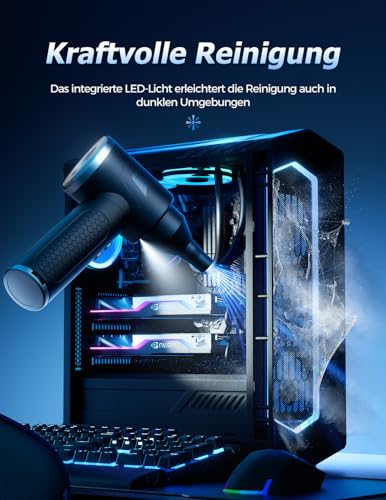 Druckluft Staubgebläse, 100000 RPM Druckluftspray mit 9000mAh Akku, Elektrische Staubgebläse, 3 Geschwindigkeiten PC Reinigungsset mit LED-Leuchten für Sofa und Auto Reinigung