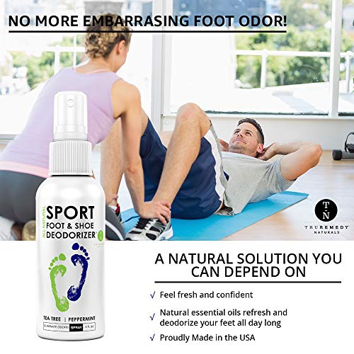 Natural Shoe Deodorizer Spray, Foot Deodorant Spray, Foot Odor Eliminator for All Shoes - Fights Athletes Foot & Stinky Feet - Tea Tree Oil, Peppermint, Spray Better Than Powder, Sneaker Balls - 4 Oz