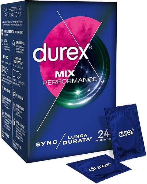 Durex Mix Performance, Preservativi Durex Lunga Durata e Sync, Preservativi Ritardanti per Lui e con Rilievi e Nervature per Lei, 24 Profilattici - 1