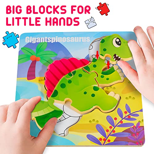 Hellowood Wooden Dinosaur Puzzles For Toddlers Age 2+, 5 Pack Jigsaw Puzzles For Kids, Montessori Educational Toys For Baby Boys Girls, Stem Travel Toys #TOP2