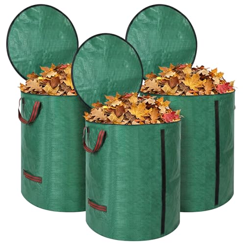 Reusable Leaf Bags 72 Gallon 3 Pack, Heavy Duty Lawn Bags with Lid & Dual Side Support Rods Reusable Yard Waste Bags with Handles Garden Leaf Collector Bag Yard Waste Bin