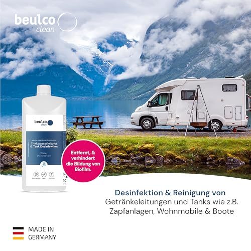 BEULCO CLEAN - Trinkwasserleitung & Tank Desinfektion 1 Liter Flasche - Wasserleitung & Wassertank Desinfektion & Reinigung für Wohnmobil, Wohnwagen & Caravan - Tankreiniger für Frischwasser 1L
