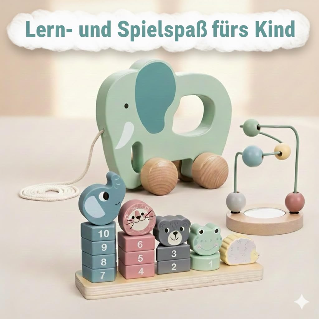 Premium Holzspielzeug Set für Kleinkinder. Multifunktionales Motorikspielzeug 3-in-1. Nachzieh-Elefant, Stapelturm & Motorikschleife. Fördert Feinmotorik, Zählen, Koordination & Wahrnehmung.