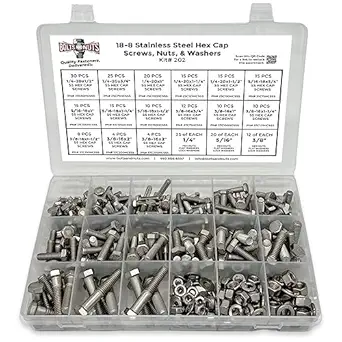 18-8 (304) Stainless Steel Hex Cap Screws Bolts Nuts Washers Assortment Kit - 380 Pcs!