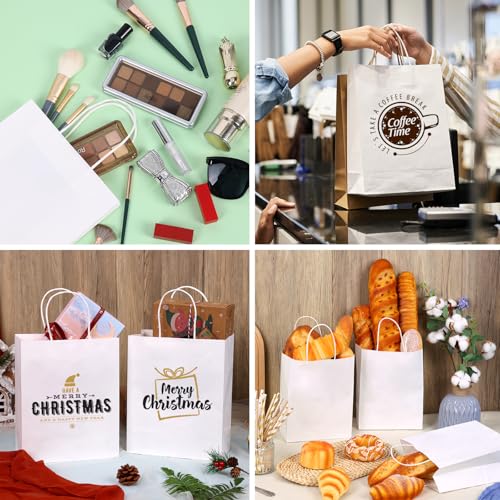 OUTUXED 150pcs Gift Bags, White Paper Bag with Handles 8x4x10in Medium Size Kraft Bags for Party, Businesses