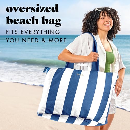 Image of Fit & Fresh XL Beach Tote Bag for Women - XL Travel Tote with Zipper & Pockets, Oversized Canvas Pool Bag, Weekender Carry-On